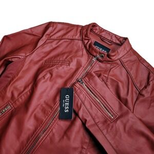 Guess Women's XXL 2XL Band Collar Faux Leather Jacket Red Moto Biker Full Zip